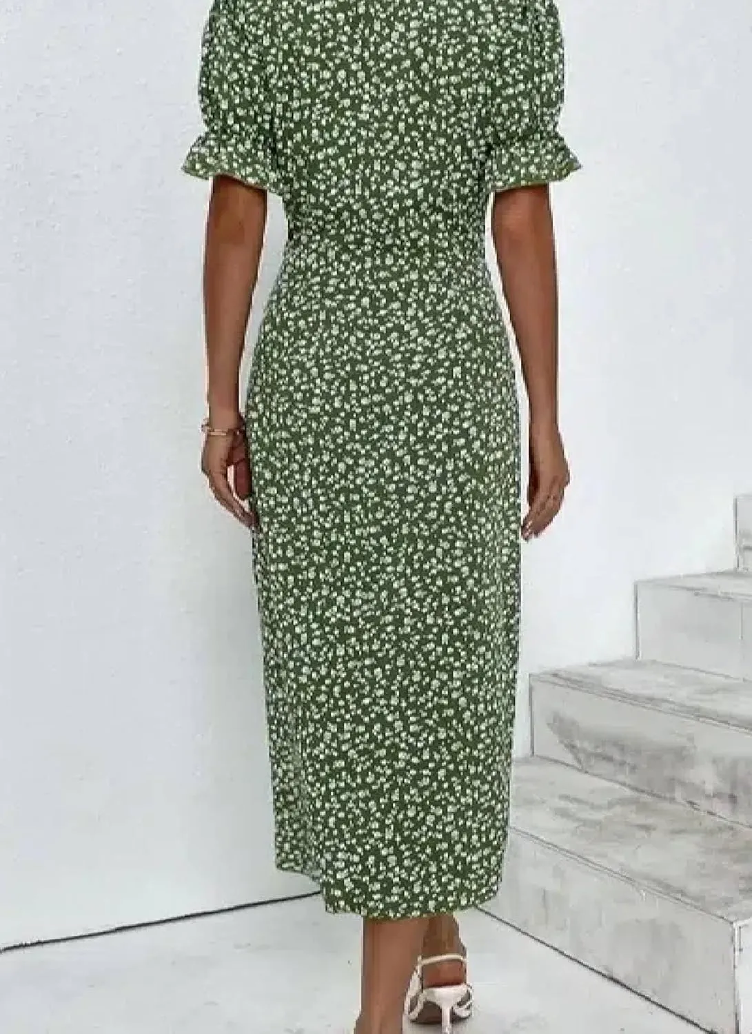 Women's Vintage V Neck A Line Front Button Green Floral Print Short Sleeve Midi Dress 2025 Summer Casual Elegant Dress