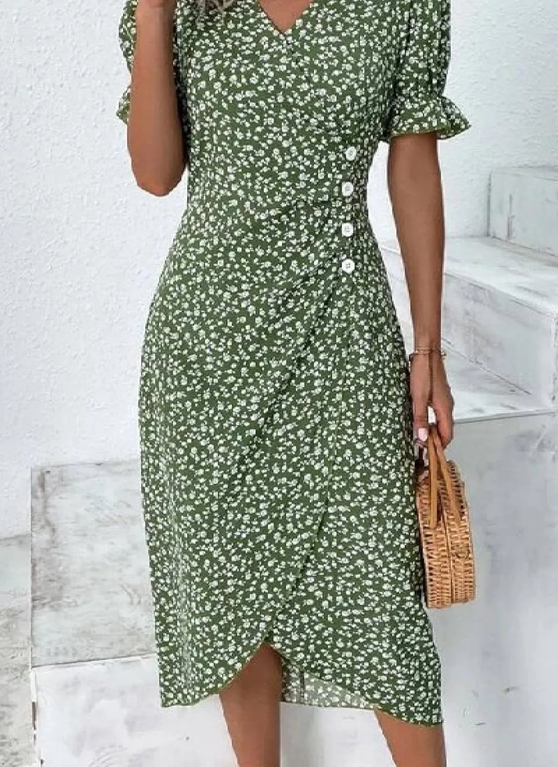 Women's Vintage V Neck A Line Front Button Green Floral Print Short Sleeve Midi Dress 2025 Summer Casual Elegant Dress