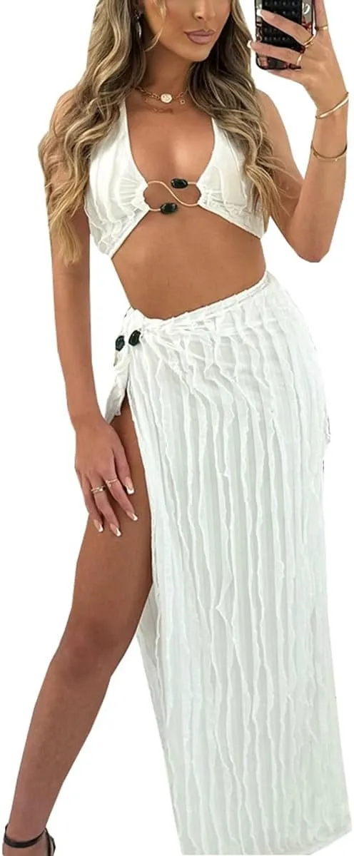 Wuitrie Skirt Sets Women 2 Piece Outfits Ribbed Striped Halter Tops High Split Maxi Skirt Sexy Vacation Outfits for Women