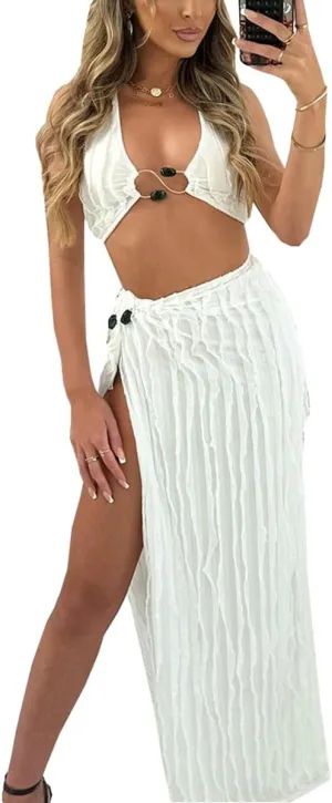 Wuitrie Skirt Sets Women 2 Piece Outfits Ribbed Striped Halter Tops High Split Maxi Skirt Sexy Vacation Outfits for Women