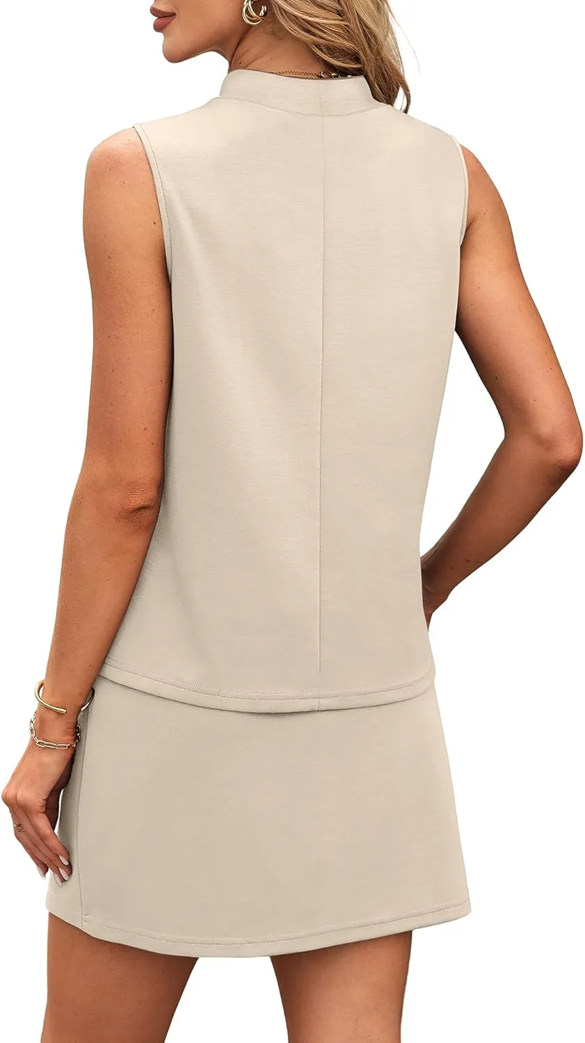 XIEERDUO Two Piece Skirt Sets for Women Summer Beach Vacation Outfits Mock Neck Tops Tennis Skirt Lounge Matching Sets