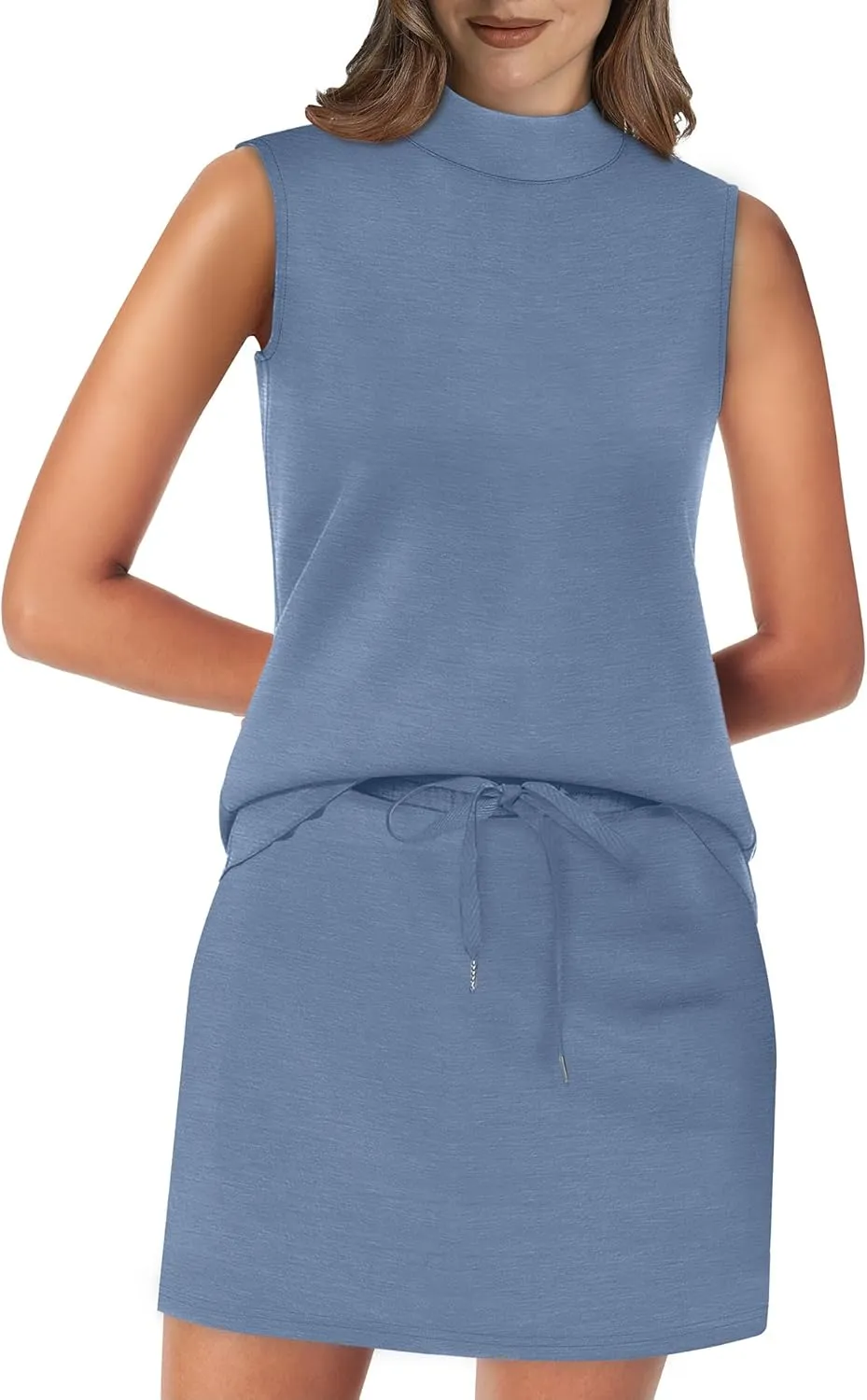 XIEERDUO Two Piece Skirt Sets for Women Summer Beach Vacation Outfits Mock Neck Tops Tennis Skirt Lounge Matching Sets