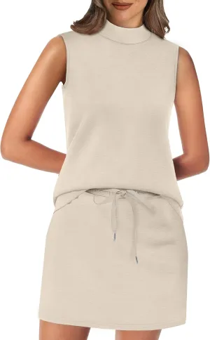 XIEERDUO Two Piece Skirt Sets for Women Summer Beach Vacation Outfits Mock Neck Tops Tennis Skirt Lounge Matching Sets