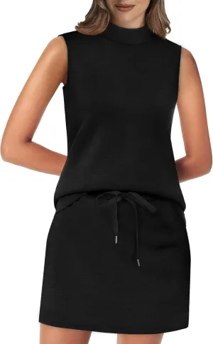 XIEERDUO Two Piece Skirt Sets for Women Summer Beach Vacation Outfits Mock Neck Tops Tennis Skirt Lounge Matching Sets