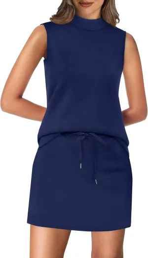 XIEERDUO Two Piece Skirt Sets for Women Summer Beach Vacation Outfits Mock Neck Tops Tennis Skirt Lounge Matching Sets