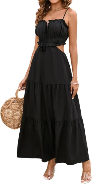 XinFSh Women's Summer Spaghetti Maxi Dress Boho Backless Milkmaid Cutout Dresses Casual Flowy Long Beach Vacation Sundress