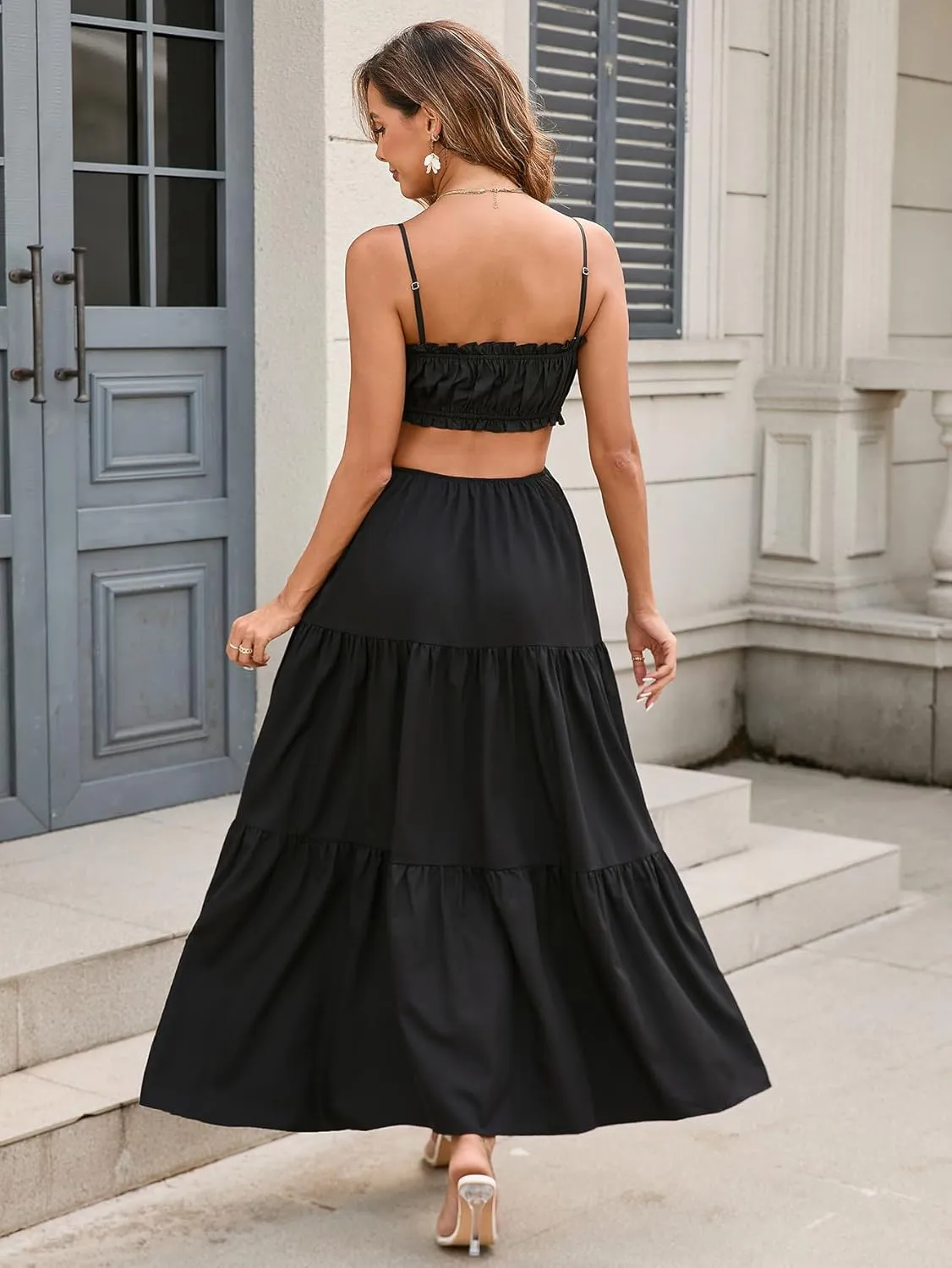 XinFSh Women's Summer Spaghetti Maxi Dress Boho Backless Milkmaid Cutout Dresses Casual Flowy Long Beach Vacation Sundress