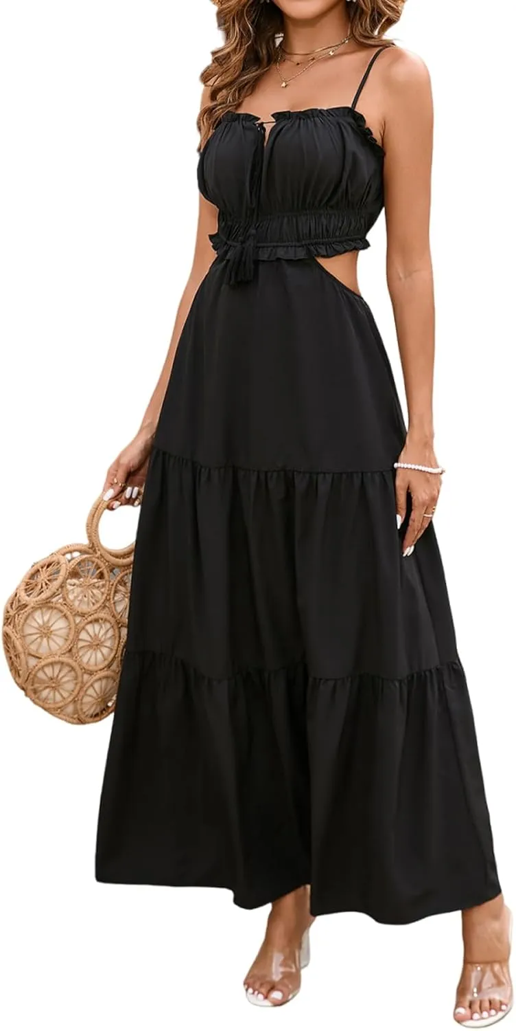 XinFSh Women's Summer Spaghetti Maxi Dress Boho Backless Milkmaid Cutout Dresses Casual Flowy Long Beach Vacation Sundress