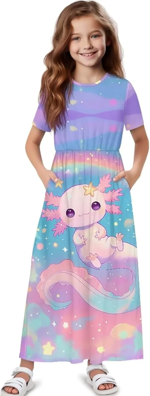 Xpyiqun Dresses for Girls 5-14 Short Sleeve Shirt Maxi Dress with Pockets Summer A Line Twirly Dresses