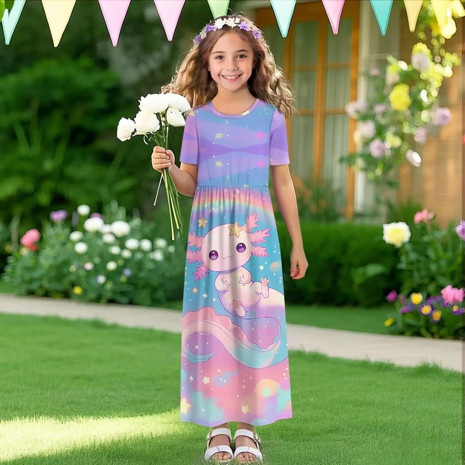Xpyiqun Dresses for Girls 5-14 Short Sleeve Shirt Maxi Dress with Pockets Summer A Line Twirly Dresses