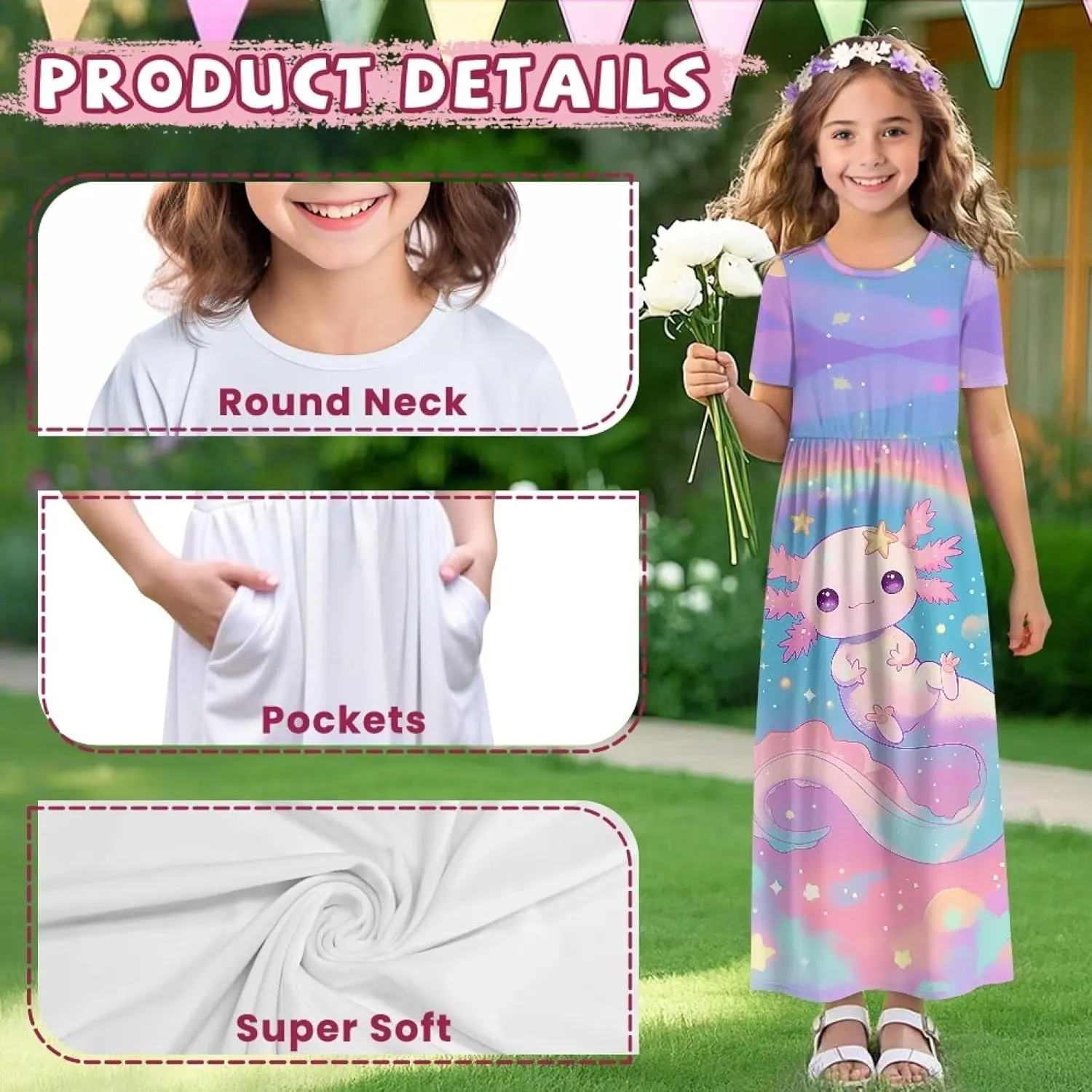 Xpyiqun Dresses for Girls 5-14 Short Sleeve Shirt Maxi Dress with Pockets Summer A Line Twirly Dresses