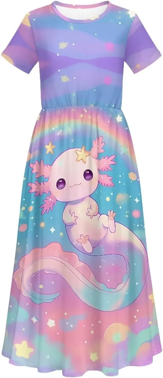 Xpyiqun Dresses for Girls 5-14 Short Sleeve Shirt Maxi Dress with Pockets Summer A Line Twirly Dresses