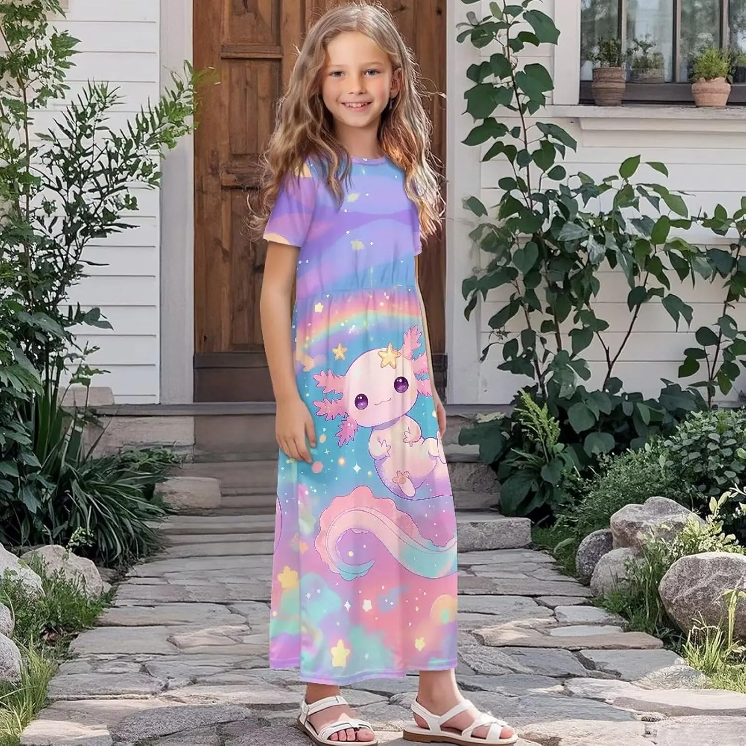 Xpyiqun Dresses for Girls 5-14 Short Sleeve Shirt Maxi Dress with Pockets Summer A Line Twirly Dresses