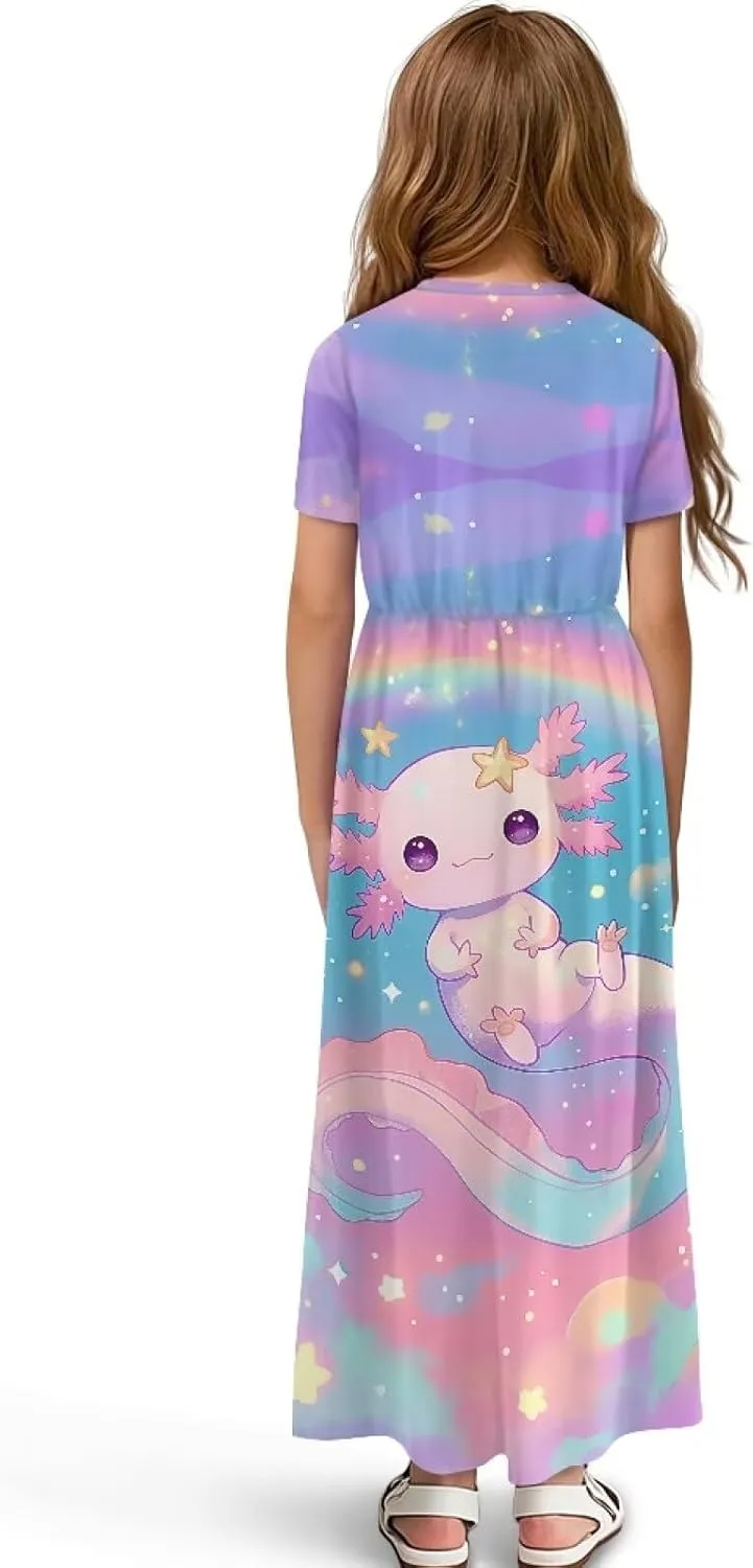 Xpyiqun Dresses for Girls 5-14 Short Sleeve Shirt Maxi Dress with Pockets Summer A Line Twirly Dresses