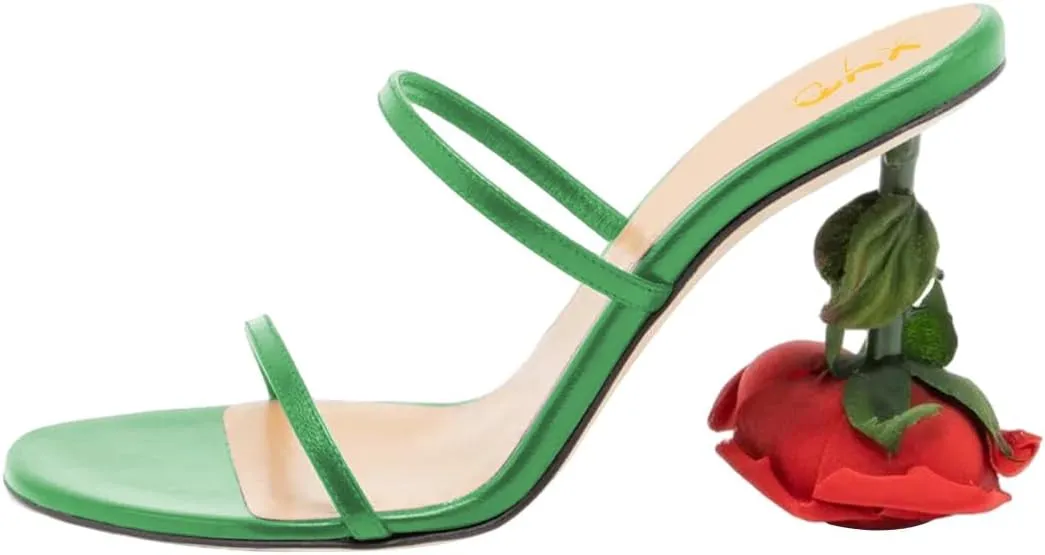 XYD Women's Romantic Rose Heel Summer Chic Two Slender Straps Open Toe Slip On Slides Sandals Resort Holiday Party Shoes