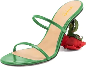 XYD Women's Romantic Rose Heel Summer Chic Two Slender Straps Open Toe Slip On Slides Sandals Resort Holiday Party Shoes