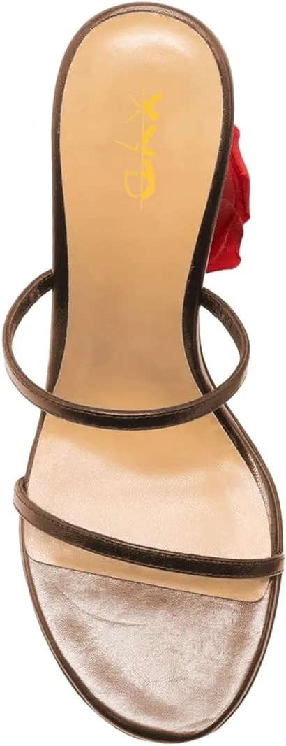 XYD Women's Romantic Rose Heel Summer Chic Two Slender Straps Open Toe Slip On Slides Sandals Resort Holiday Party Shoes