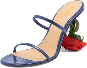 XYD Women's Romantic Rose Heel Summer Chic Two Slender Straps Open Toe Slip On Slides Sandals Resort Holiday Party Shoes
