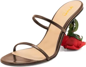 XYD Women's Romantic Rose Heel Summer Chic Two Slender Straps Open Toe Slip On Slides Sandals Resort Holiday Party Shoes
