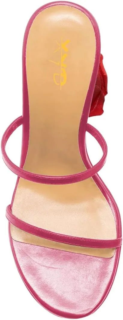 XYD Women's Romantic Rose Heel Summer Chic Two Slender Straps Open Toe Slip On Slides Sandals Resort Holiday Party Shoes
