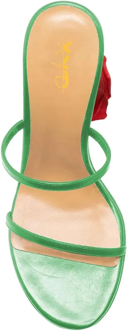 XYD Women's Romantic Rose Heel Summer Chic Two Slender Straps Open Toe Slip On Slides Sandals Resort Holiday Party Shoes
