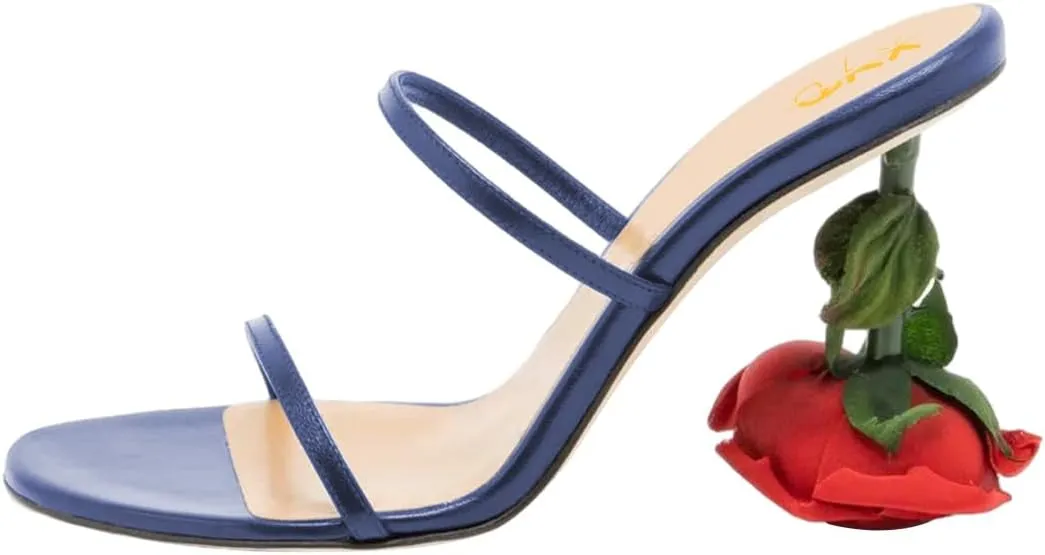 XYD Women's Romantic Rose Heel Summer Chic Two Slender Straps Open Toe Slip On Slides Sandals Resort Holiday Party Shoes