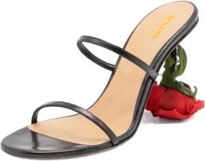 XYD Women's Romantic Rose Heel Summer Chic Two Slender Straps Open Toe Slip On Slides Sandals Resort Holiday Party Shoes