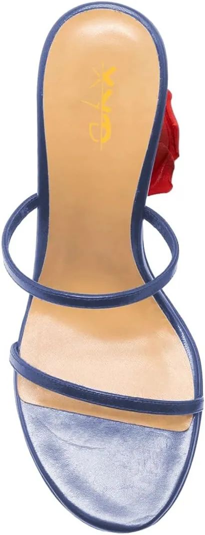 XYD Women's Romantic Rose Heel Summer Chic Two Slender Straps Open Toe Slip On Slides Sandals Resort Holiday Party Shoes