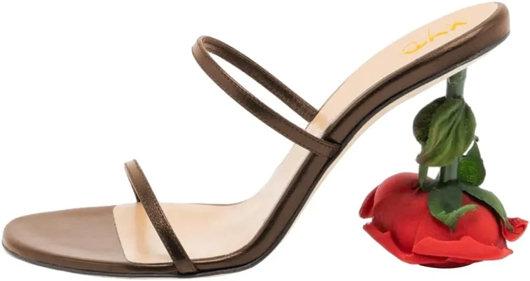 XYD Women's Romantic Rose Heel Summer Chic Two Slender Straps Open Toe Slip On Slides Sandals Resort Holiday Party Shoes