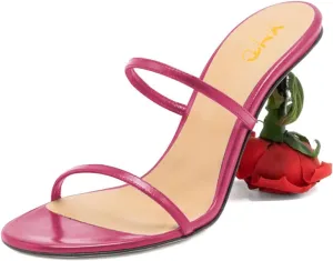 XYD Women's Romantic Rose Heel Summer Chic Two Slender Straps Open Toe Slip On Slides Sandals Resort Holiday Party Shoes