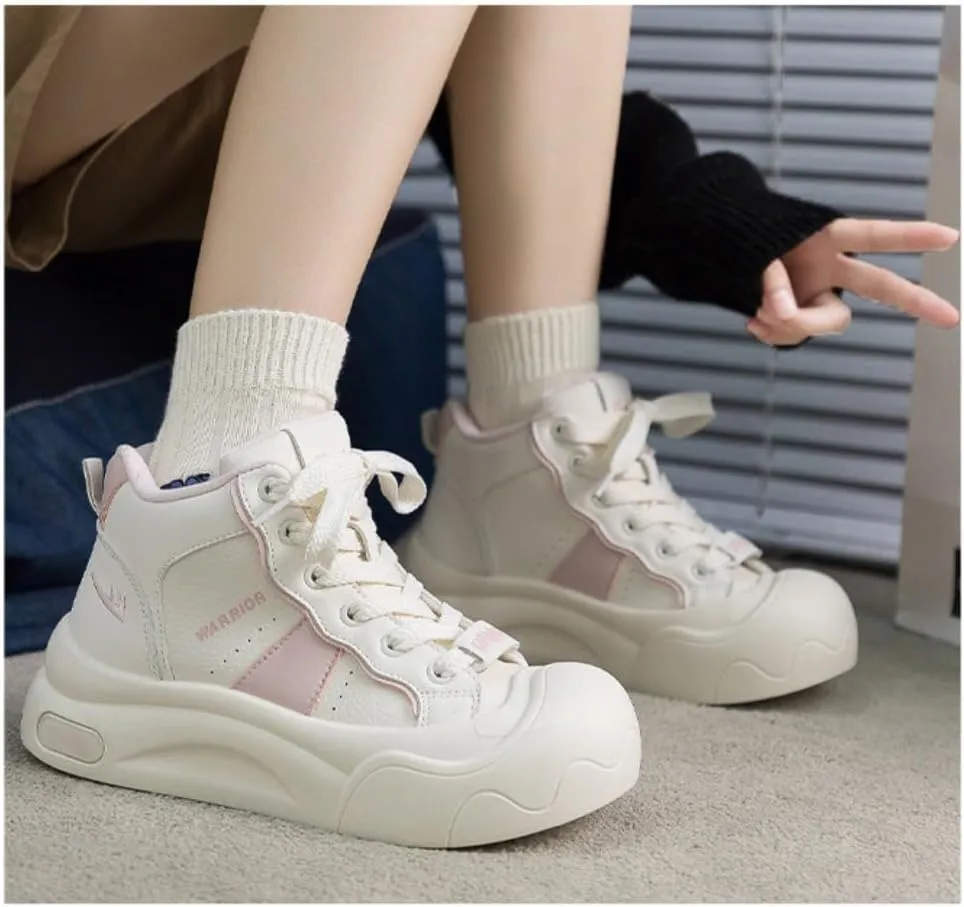 Y2K Creamy Chunky White Sneakers | Kawaii Women Fashionable Star Outdoor High-top Sport Shoes | Breathable Comfortable Tennis Gym Fitness Casual Running Walking Cross Trainers