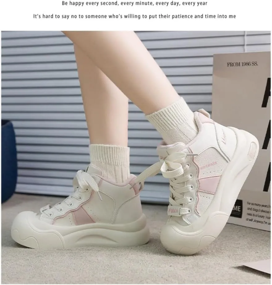 Y2K Creamy Chunky White Sneakers | Kawaii Women Fashionable Star Outdoor High-top Sport Shoes | Breathable Comfortable Tennis Gym Fitness Casual Running Walking Cross Trainers