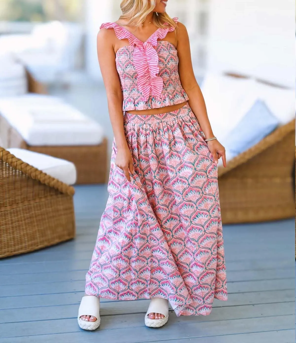 Y2k Ruffle Long Skirt Sets for Women 2 Piece Outfits Summer Ruched Backless Cami Top Matching Boho Maxi Skirt Set