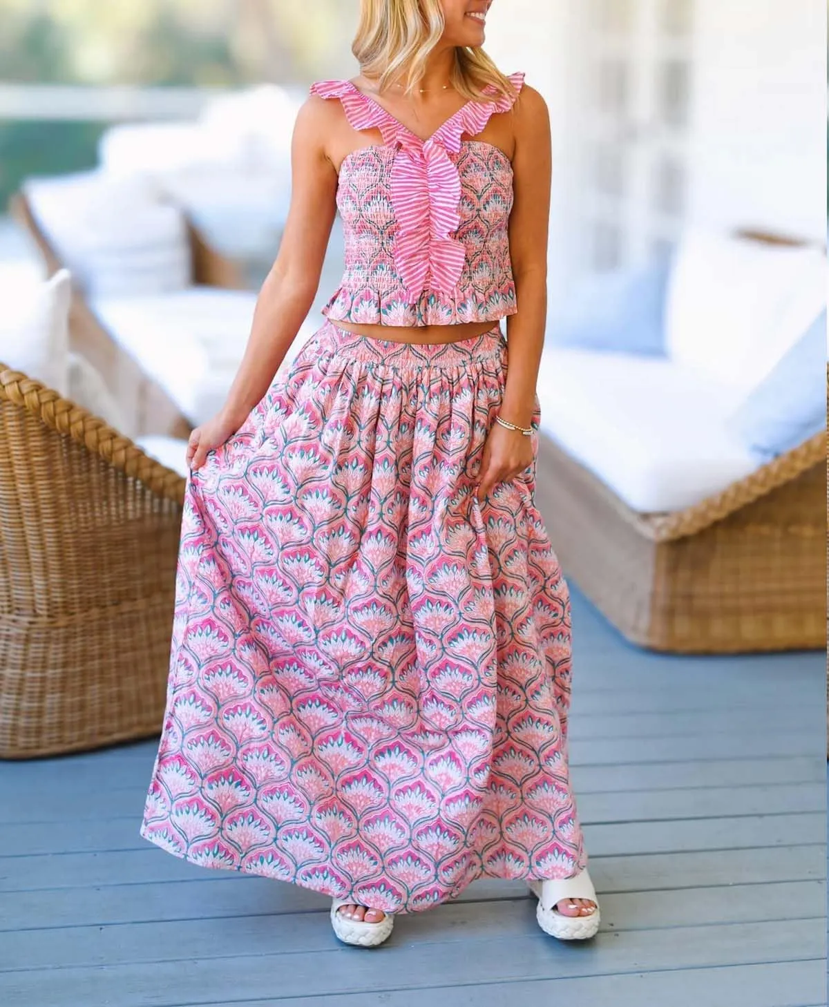Y2k Ruffle Long Skirt Sets for Women 2 Piece Outfits Summer Ruched Backless Cami Top Matching Boho Maxi Skirt Set