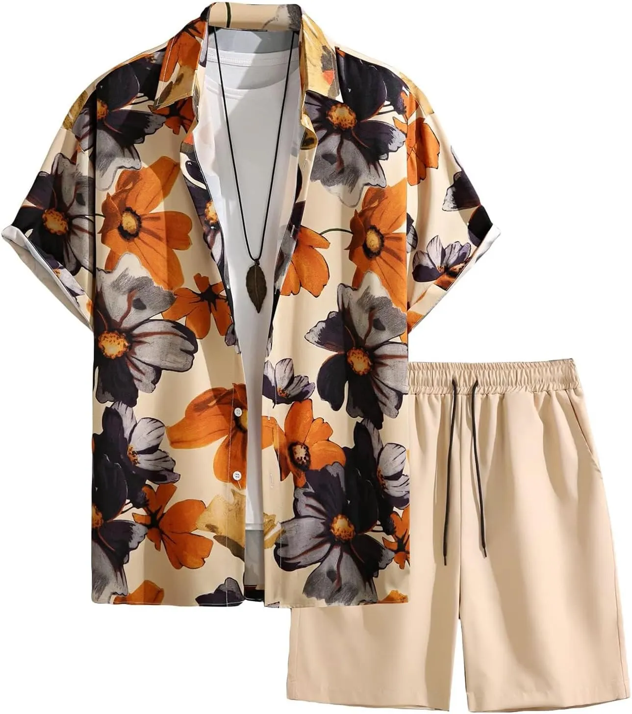 Yimoon Mens Summer Beach Vacation Outfits 2 Piece Tropical Short Sleeve Button Down Hawaiian Shirt and Shorts Set(Khaki-M)