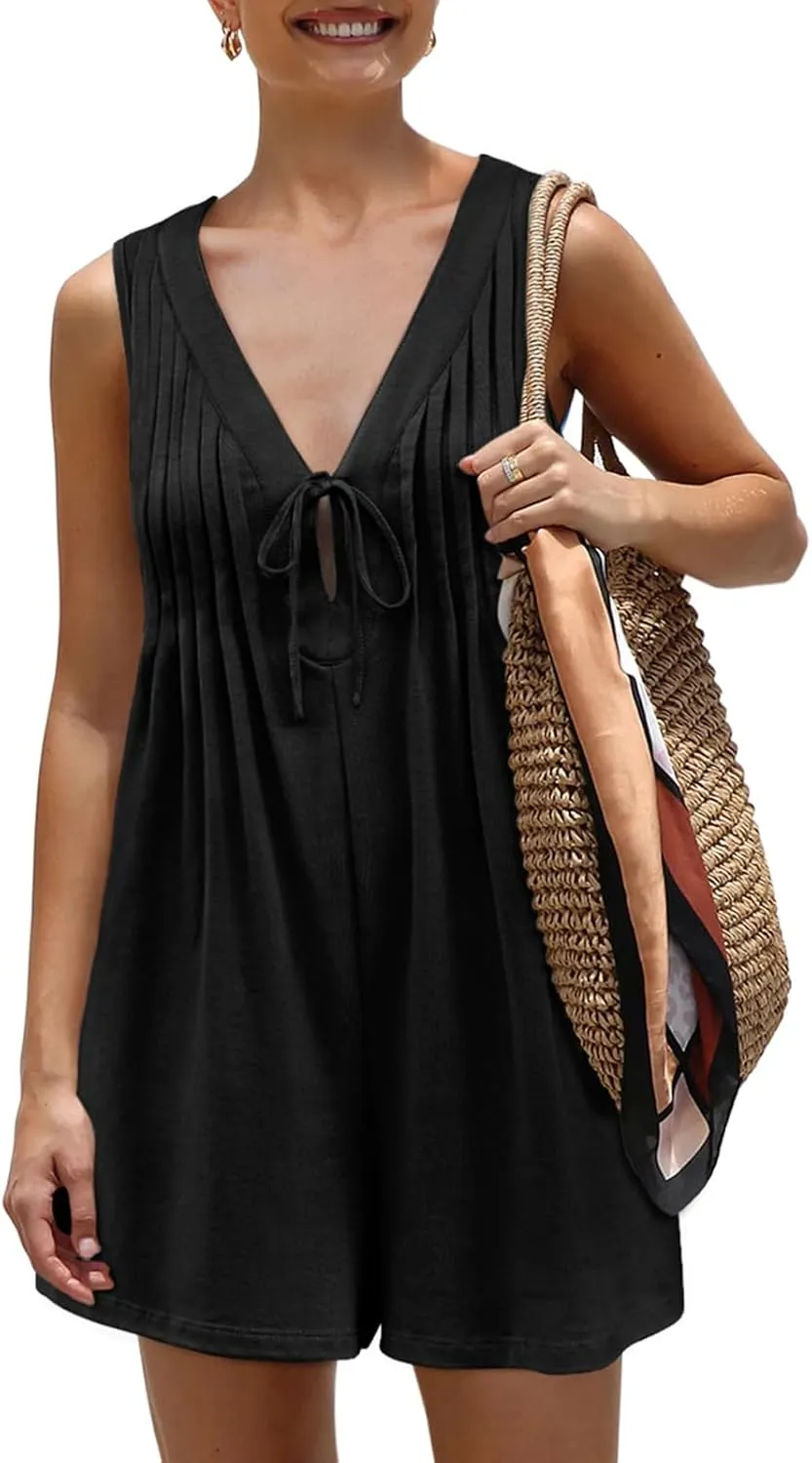 Yousify Womens Summer Casual Sleeveless Romper Tie Front Pleated Shorts Overalls Jumpsuit with Pockets 2025 Clothes