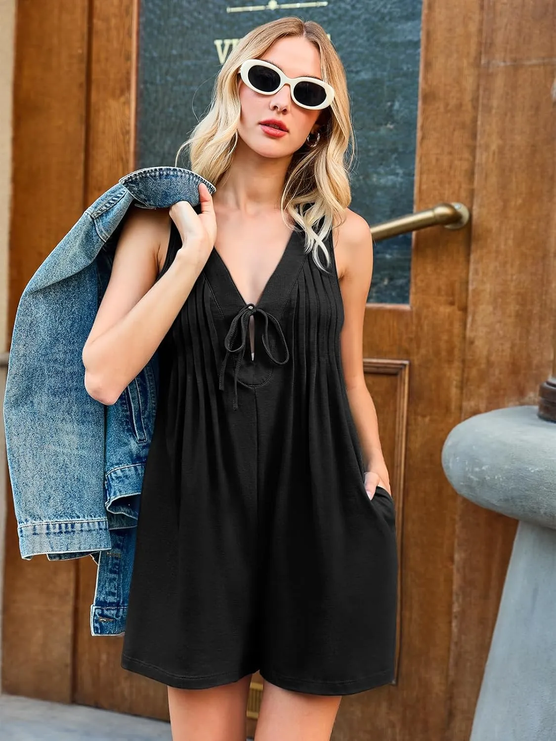 Yousify Womens Summer Casual Sleeveless Romper Tie Front Pleated Shorts Overalls Jumpsuit with Pockets 2025 Clothes