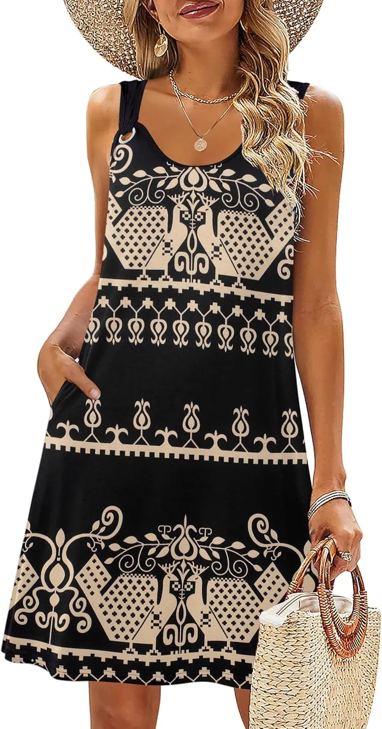 Zeagoo Summer Dresses for Women Boho Beach Dress Sleeveless Sundresses with Pockets Casual Loose Tank Tshirt Sun Dress