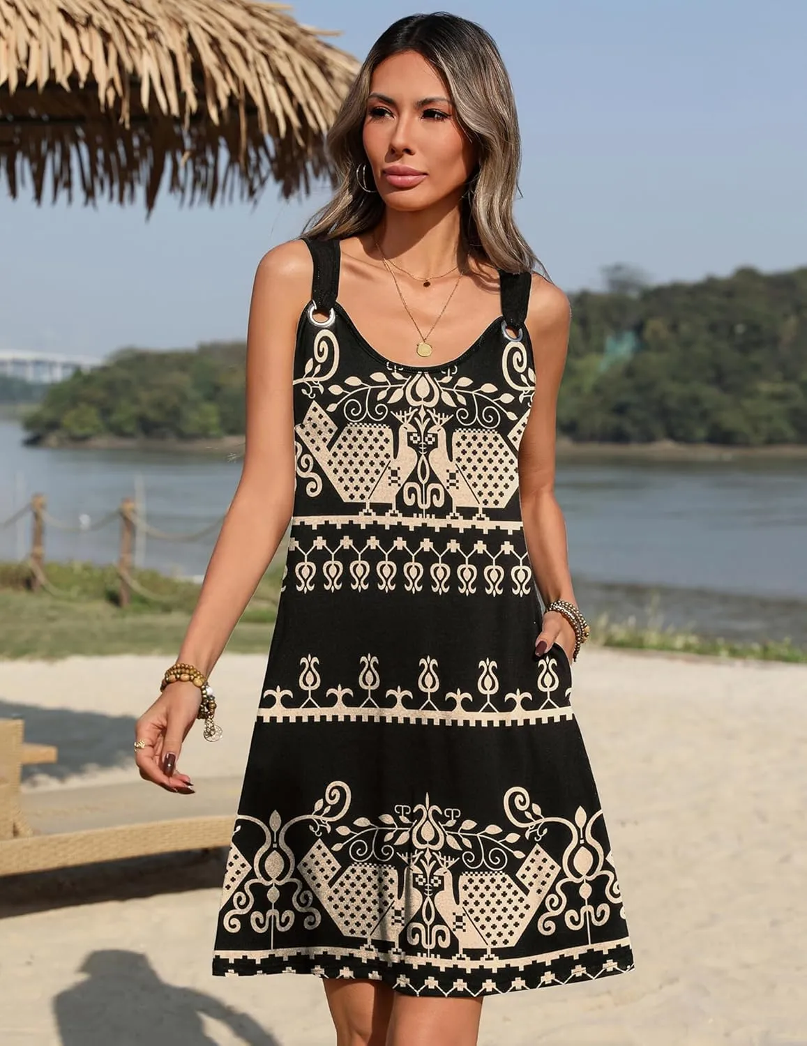 Zeagoo Summer Dresses for Women Boho Beach Dress Sleeveless Sundresses with Pockets Casual Loose Tank Tshirt Sun Dress