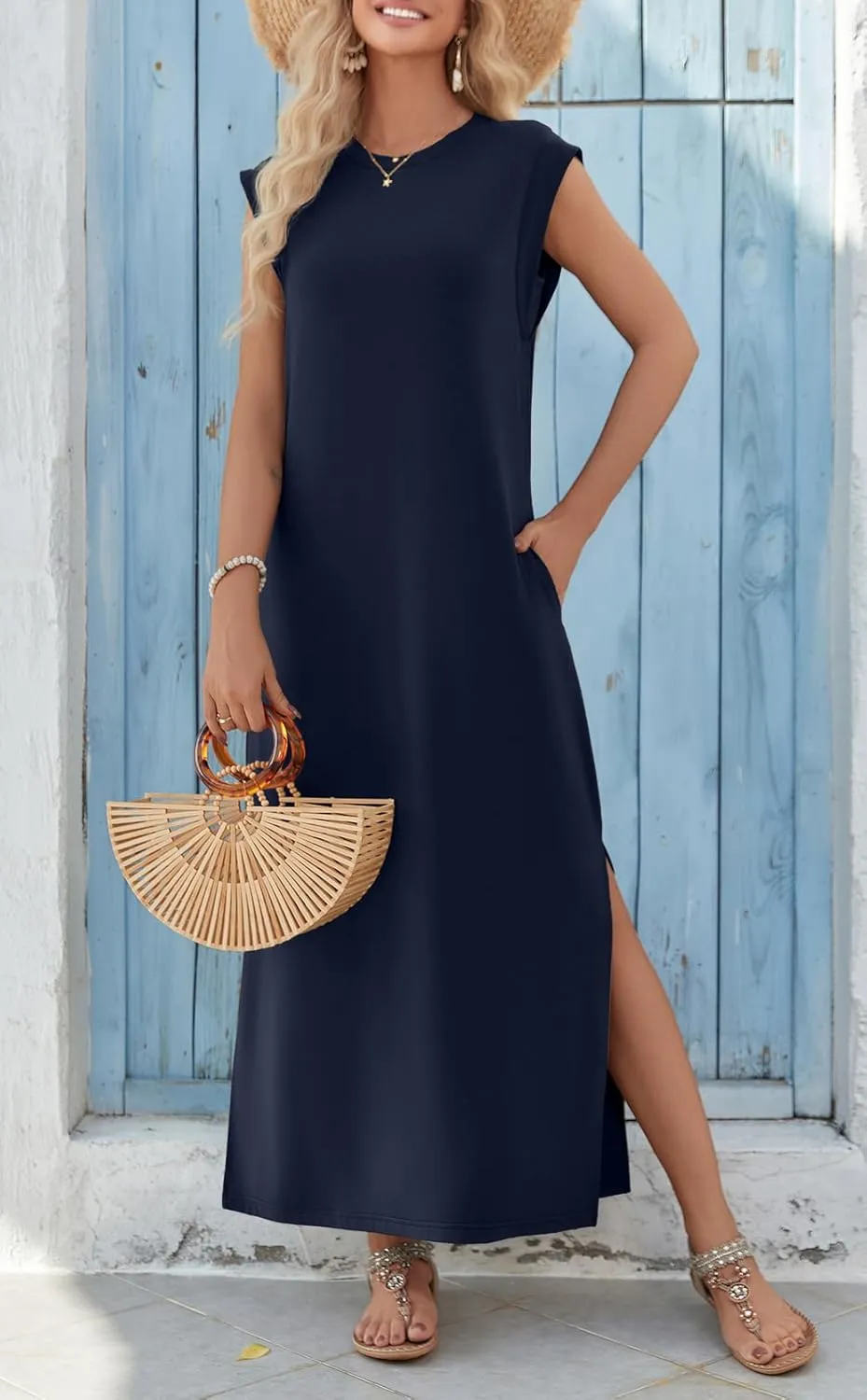 Zeagoo Women Floral Maxi Dress Summer Casual Sleeveless Sundress Crew Neck Long Dresses with Pockets 2025 Beach Vacation