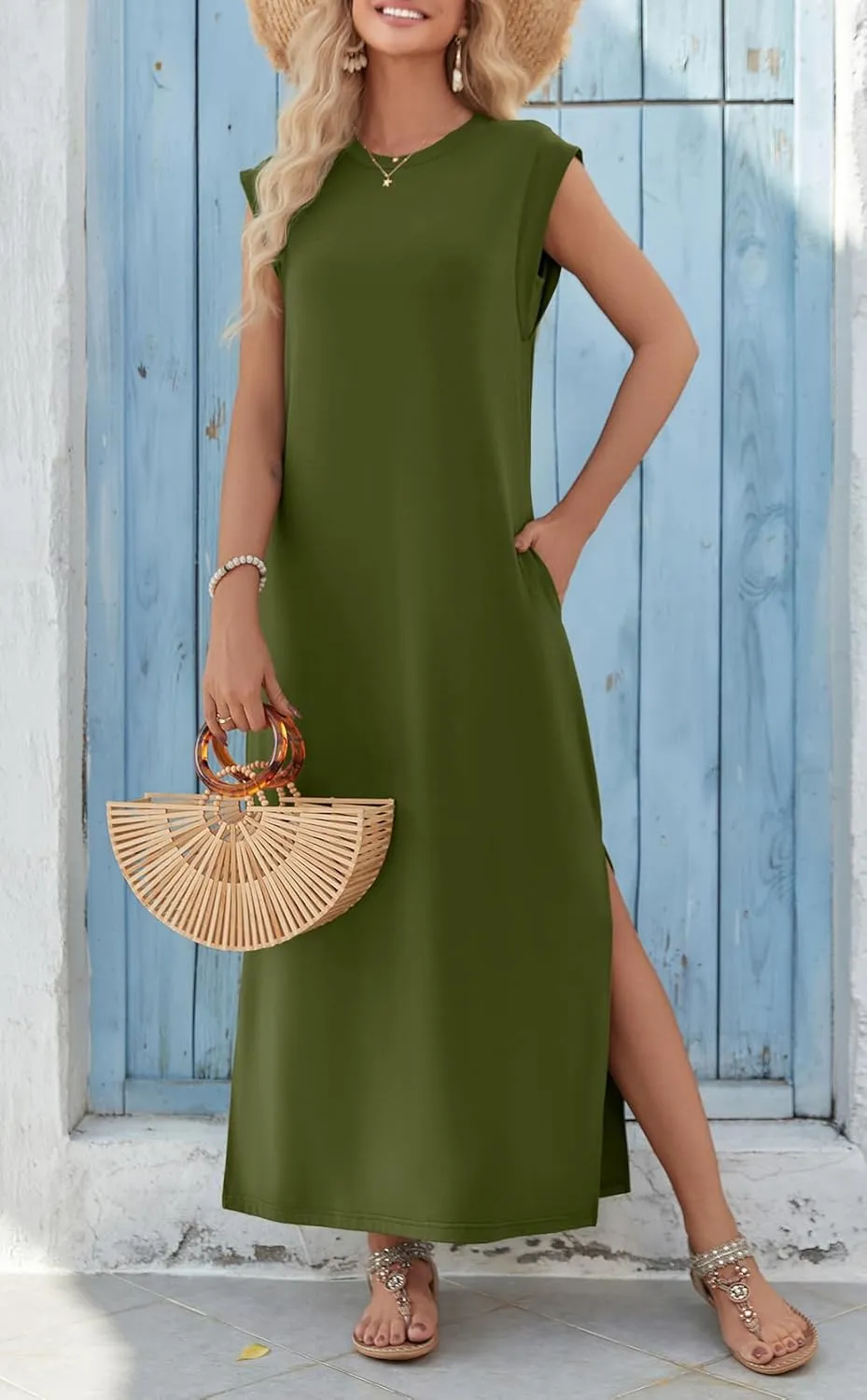 Zeagoo Women Floral Maxi Dress Summer Casual Sleeveless Sundress Crew Neck Long Dresses with Pockets 2025 Beach Vacation