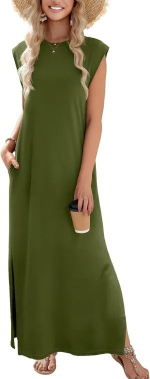 Zeagoo Women Floral Maxi Dress Summer Casual Sleeveless Sundress Crew Neck Long Dresses with Pockets 2025 Beach Vacation