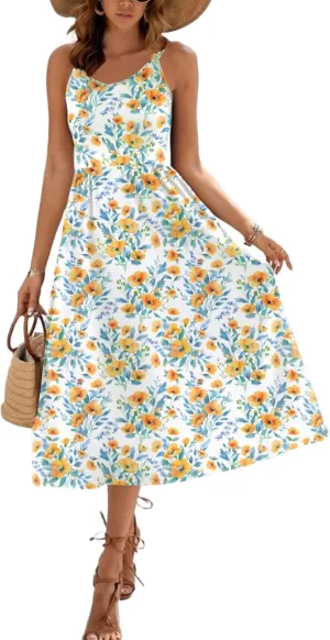 Zeagoo Womens Summer Dress Casual Flutter Boho Floral V Neck Flowy Midi A-Line Beach Vacation Sundresses with Pockets