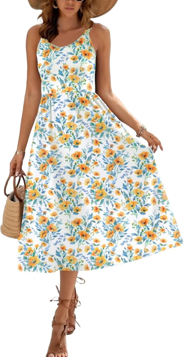 Zeagoo Womens Summer Dress Casual Flutter Boho Floral V Neck Flowy Midi A-Line Beach Vacation Sundresses with Pockets