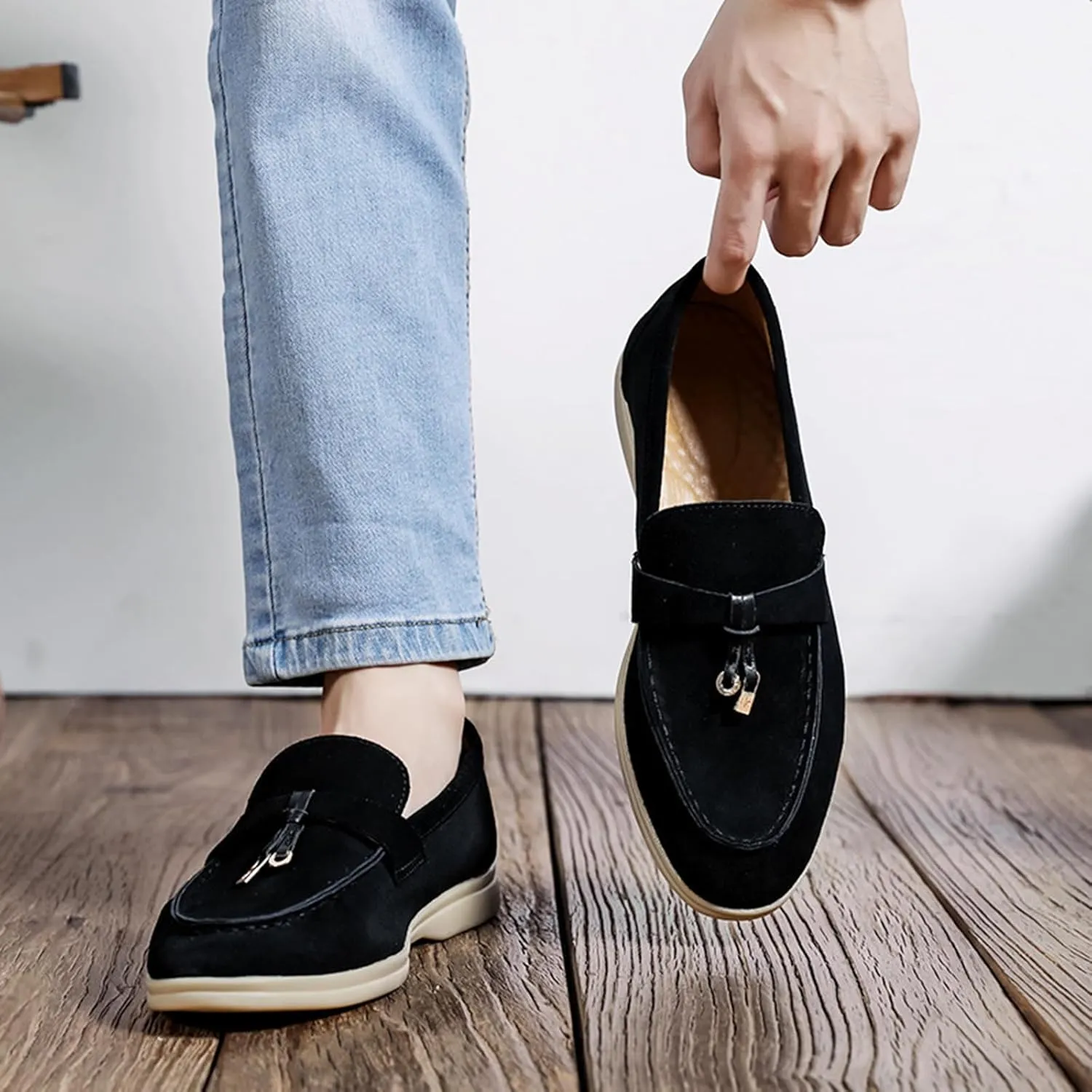 Zeberfi Men's Luxury Suede Penny Loafers Shoes with Pendant Decor,British Retro Casual Slip On Flats Tuxedo Dress Shoes for Prom Wedding