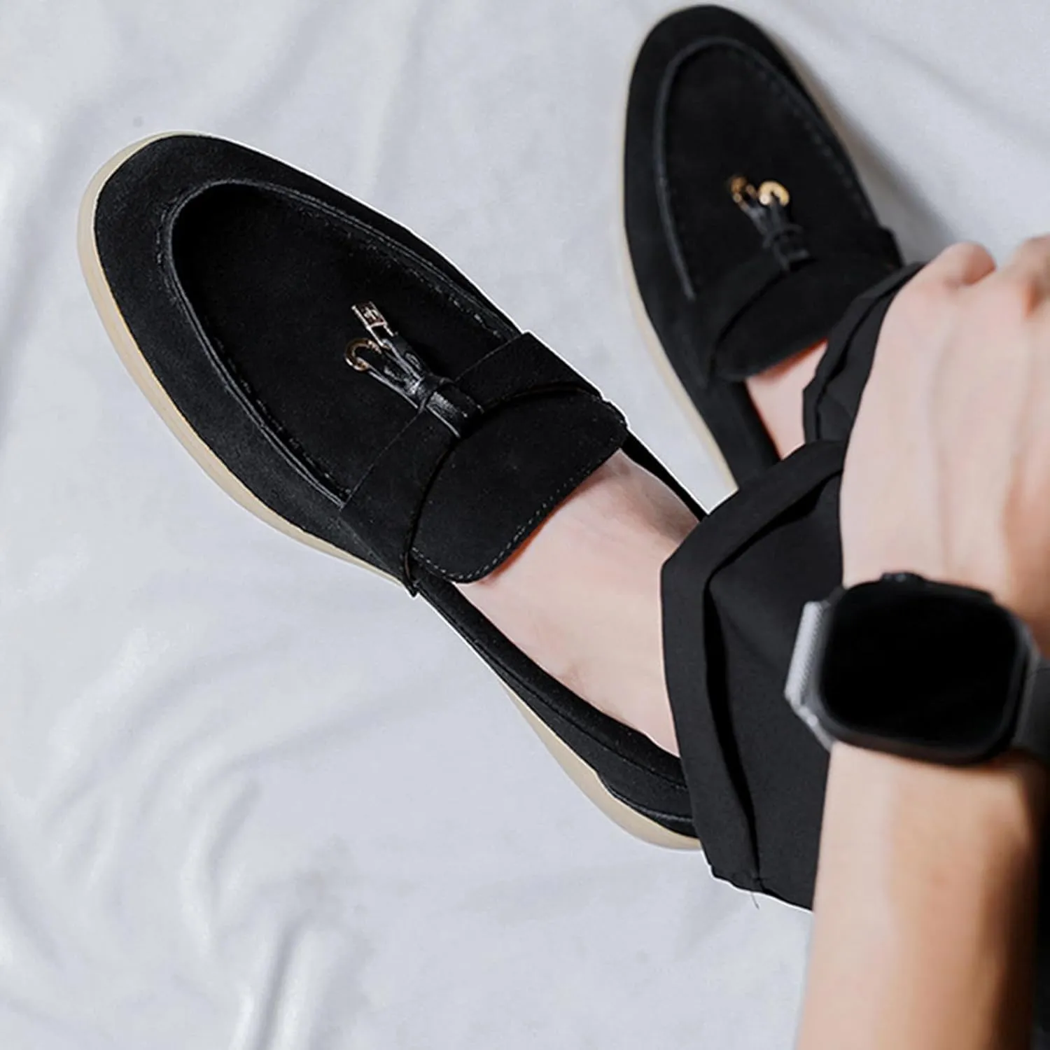 Zeberfi Men's Luxury Suede Penny Loafers Shoes with Pendant Decor,British Retro Casual Slip On Flats Tuxedo Dress Shoes for Prom Wedding