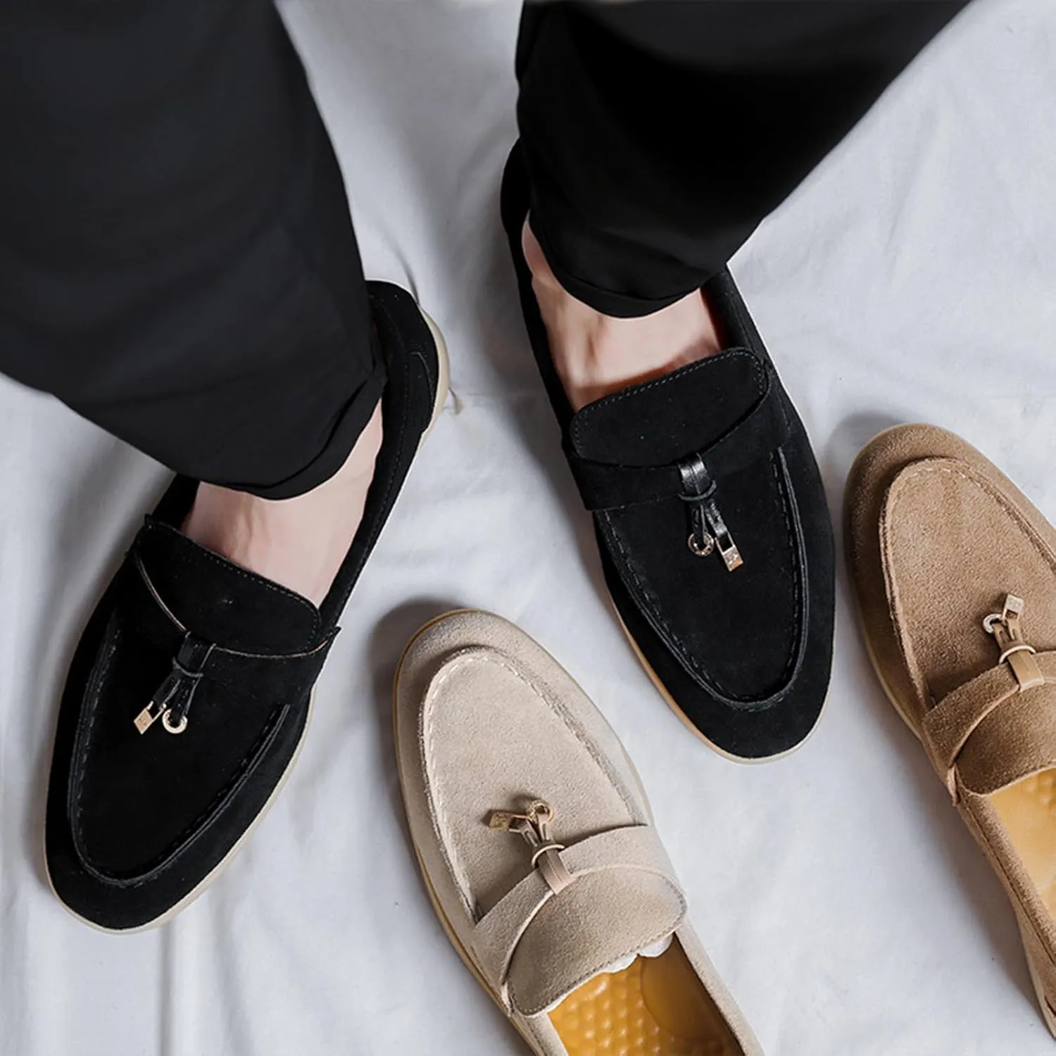 Zeberfi Men's Luxury Suede Penny Loafers Shoes with Pendant Decor,British Retro Casual Slip On Flats Tuxedo Dress Shoes for Prom Wedding
