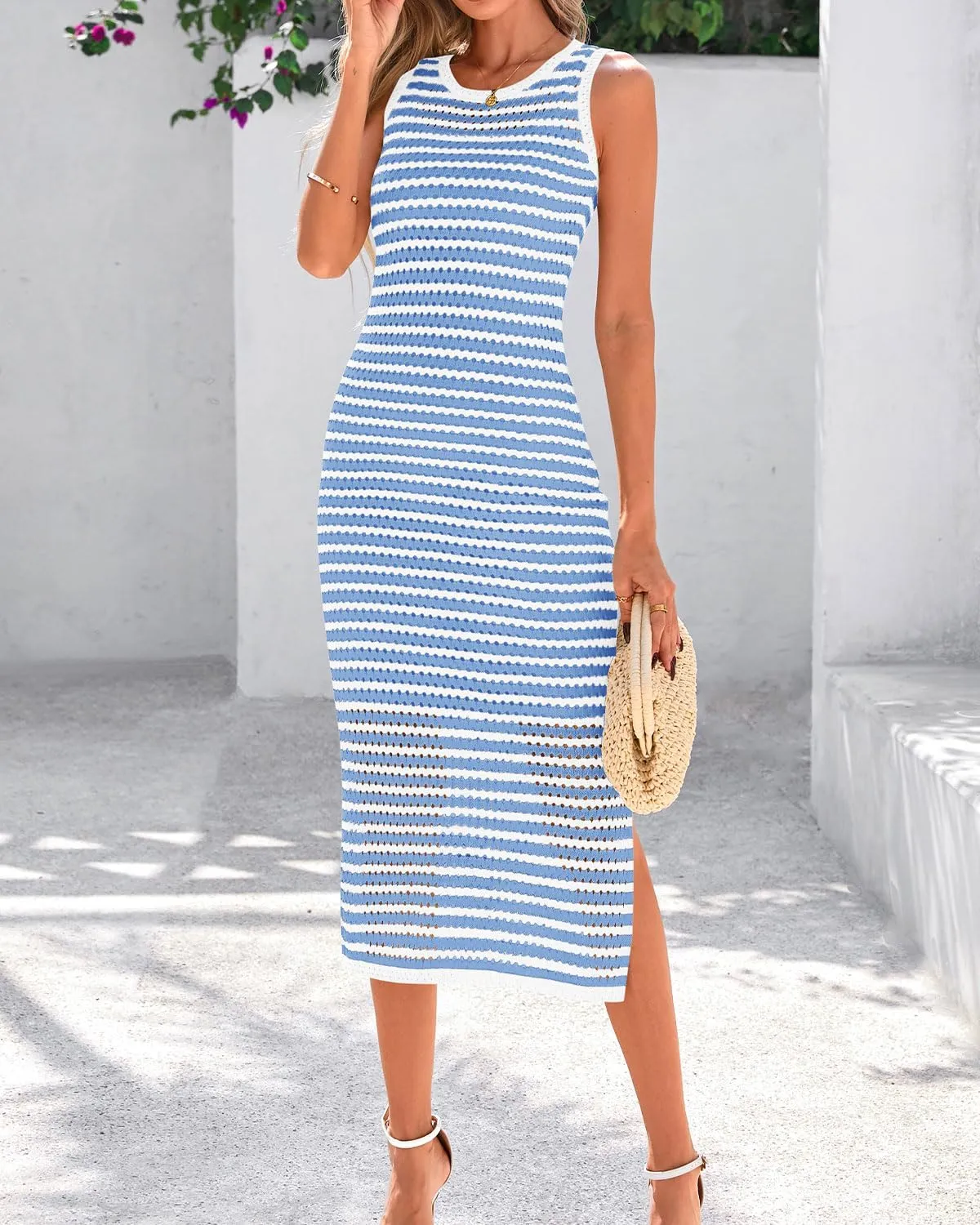 Zenlonr Women's Sleeveless Summer Dresses 2025 Casual Crochet Knit Sundress Striped Long Tank Dress Beach Slip Dress