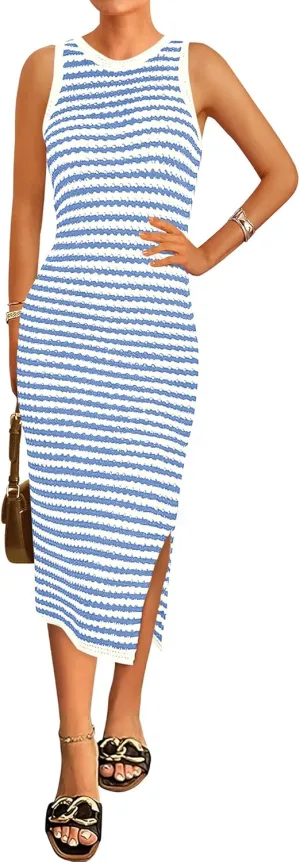 Zenlonr Women's Sleeveless Summer Dresses 2025 Casual Crochet Knit Sundress Striped Long Tank Dress Beach Slip Dress