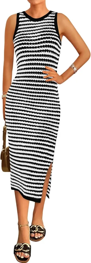Zenlonr Women's Sleeveless Summer Dresses 2025 Casual Crochet Knit Sundress Striped Long Tank Dress Beach Slip Dress